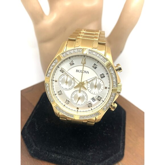 Bulova Men's Watch 98E113 Quartz Chronograph Diamond Slver Dial Gold Steel 42mm - Picture 1 of 15